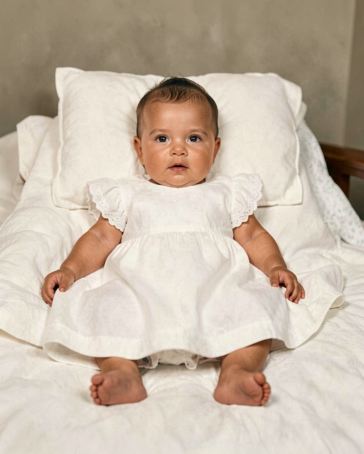 AI-restored 1950s baby portrait with stains removed, full contrast recovered, and sharp facial detail