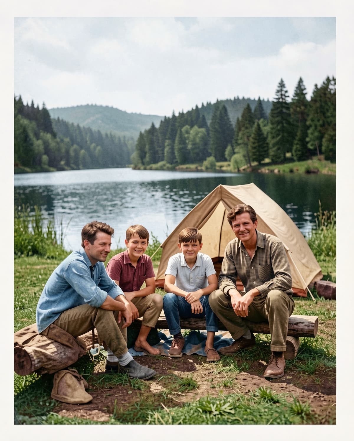 AI-restored 1970s camping photo with natural colors and scratches removed