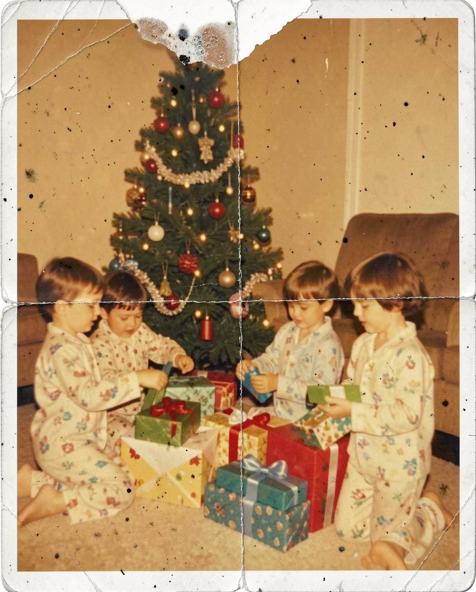 Old damaged family photo before restoration