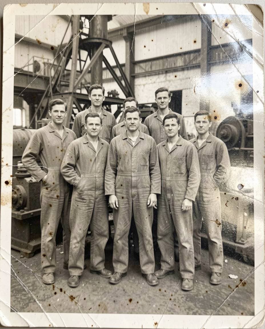 1940s factory worker group photo with dark stains and tears through the image