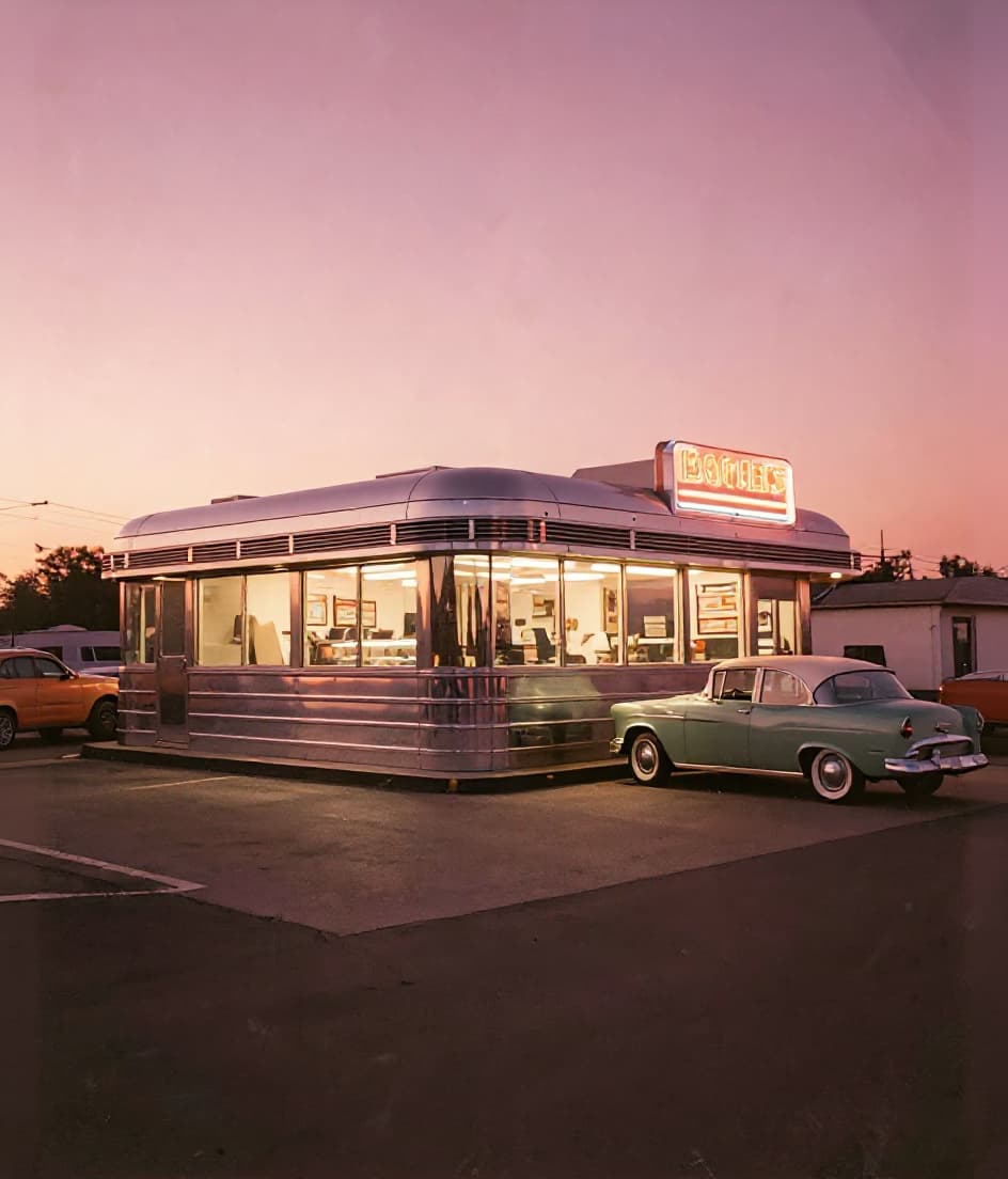 AI-restored 1950s diner photo with accurate colors, chrome counter gleaming, and scratches removed