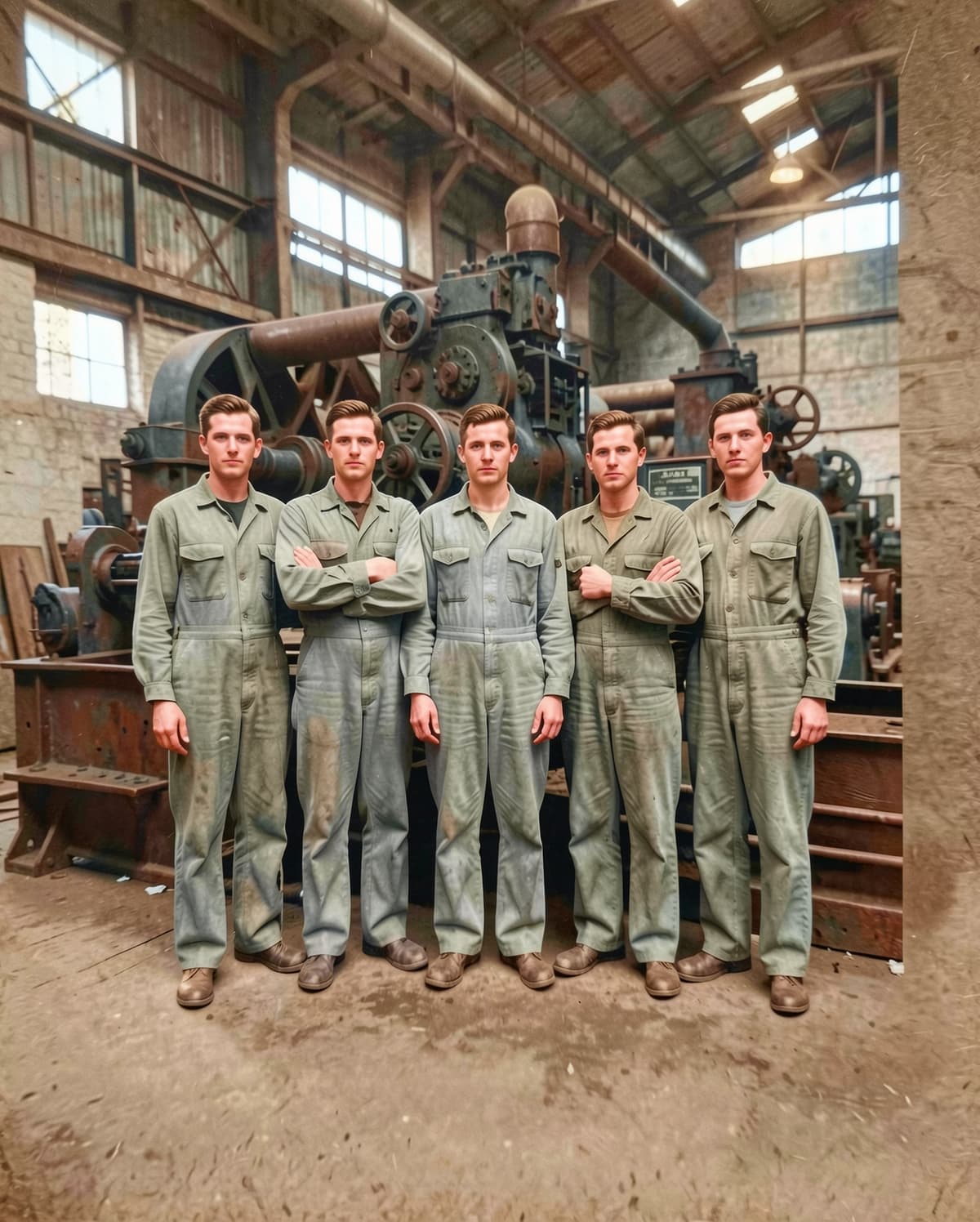 AI-restored 1940s factory photo with stains and tears removed, full industrial detail recovered, and clear worker faces