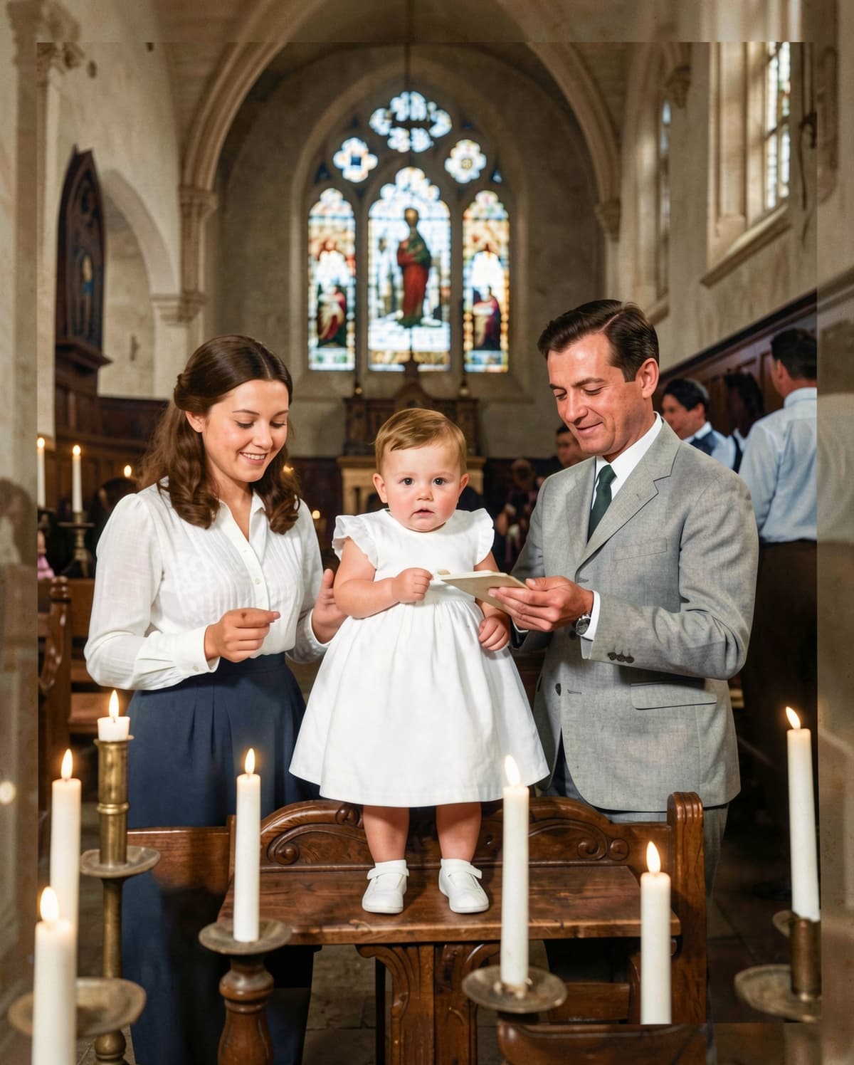 Restored 1960s baptism photo with water stains removed and clarity recovered
