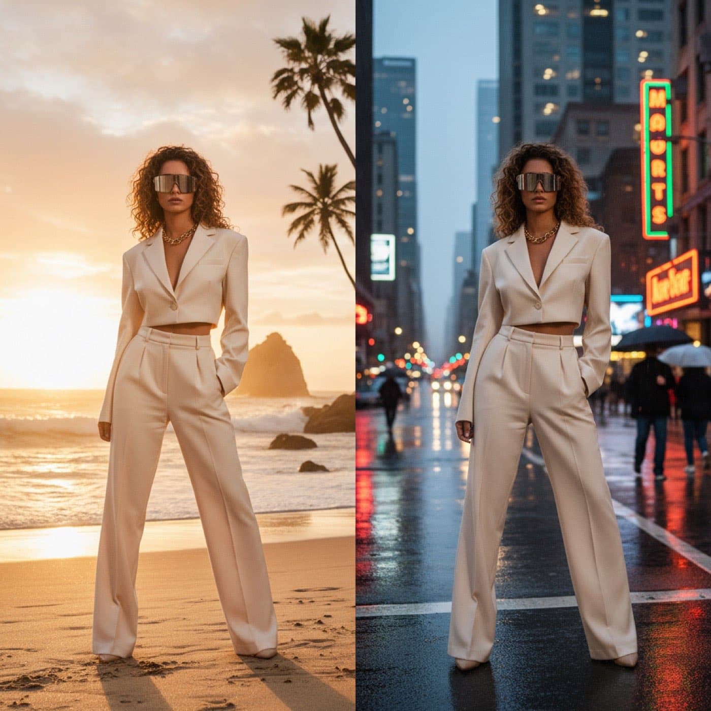 AI Background Changer example showing cream pant suit composited into new scene