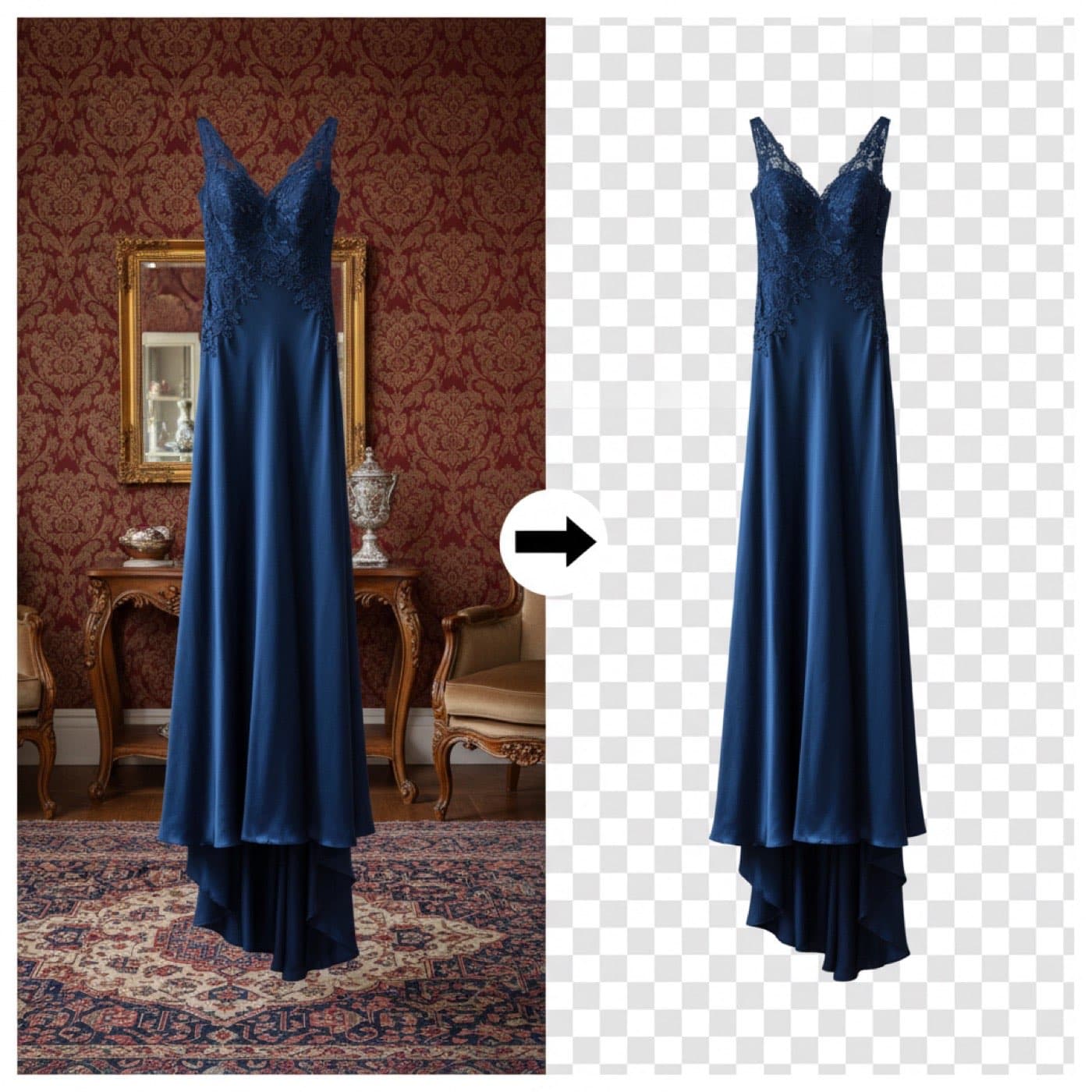 AI Background Remover before and after example with blue silk gown