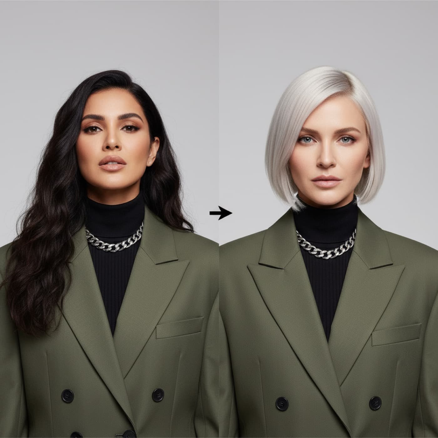 AI Model Swap example showing face replacement on existing fashion catalog photo