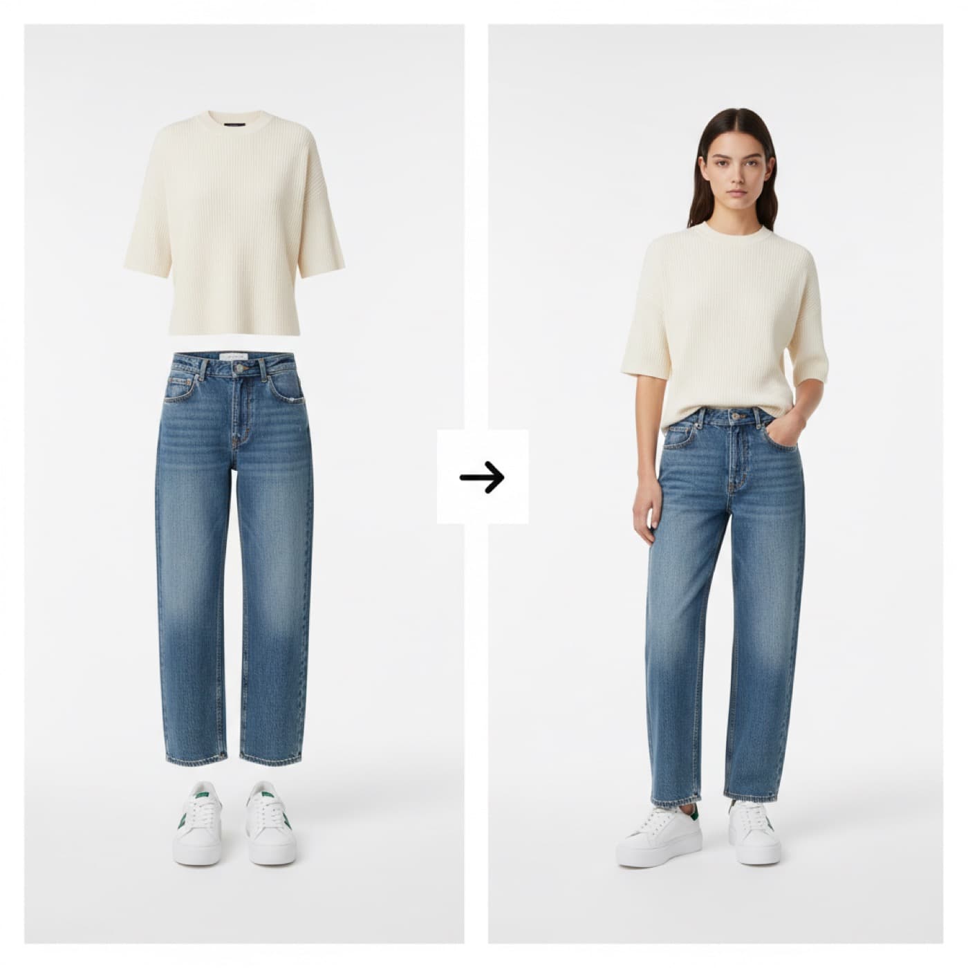 AI Outfit Builder example combining cream knit top and jeans on AI model