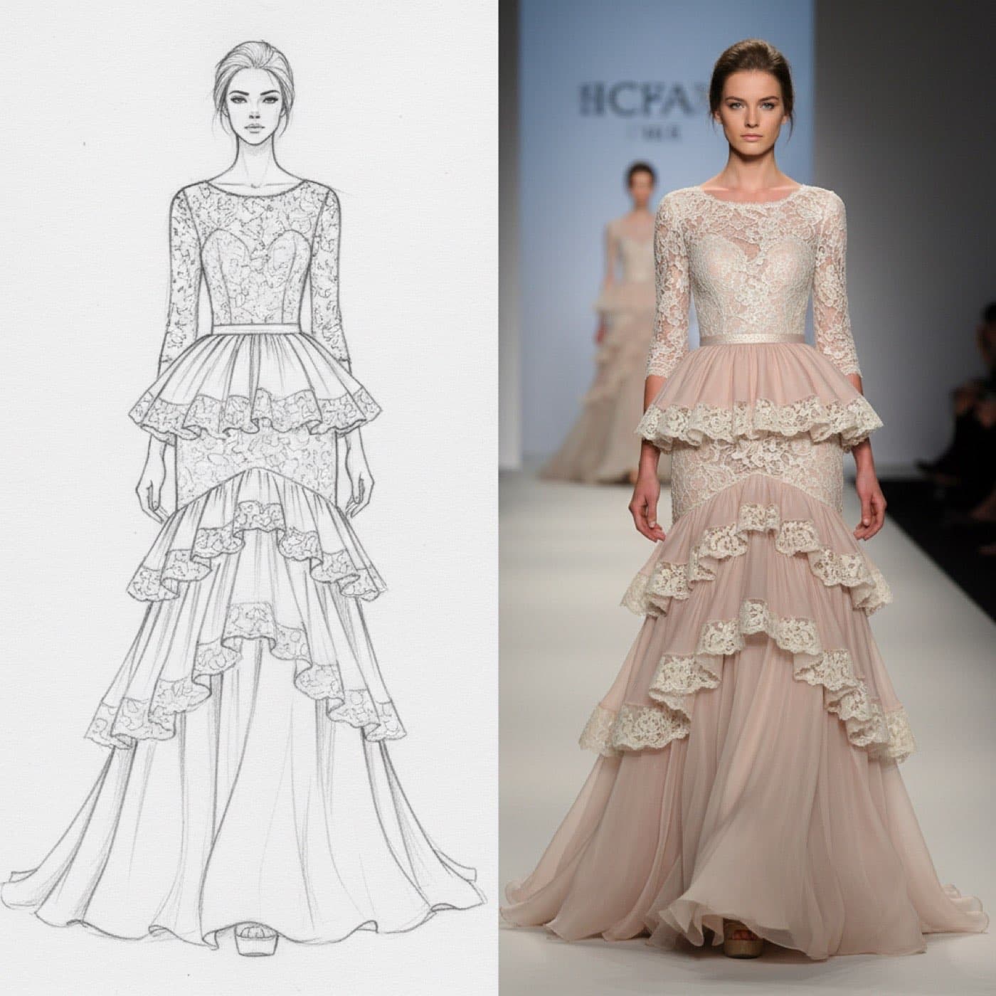 AI Sketch to Garment example showing fashion sketch converted to photorealistic tulle gown