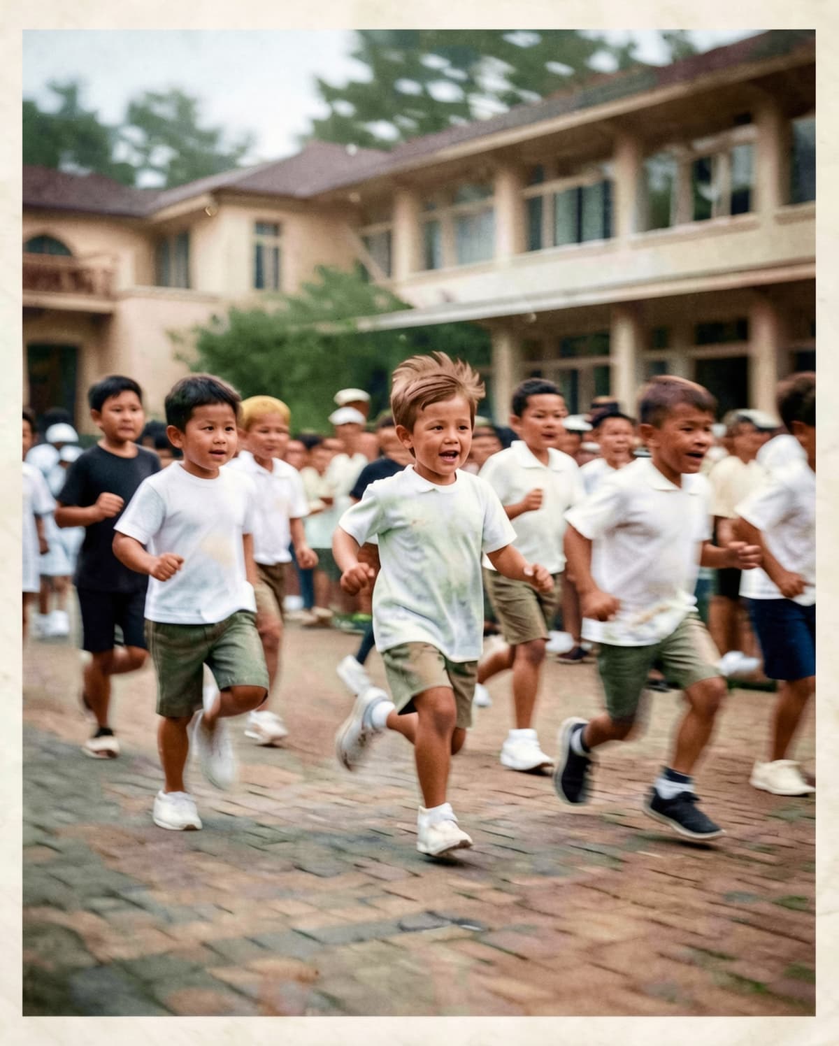 Sharpened 1960s photo of children with motion blur corrected and faces visible
