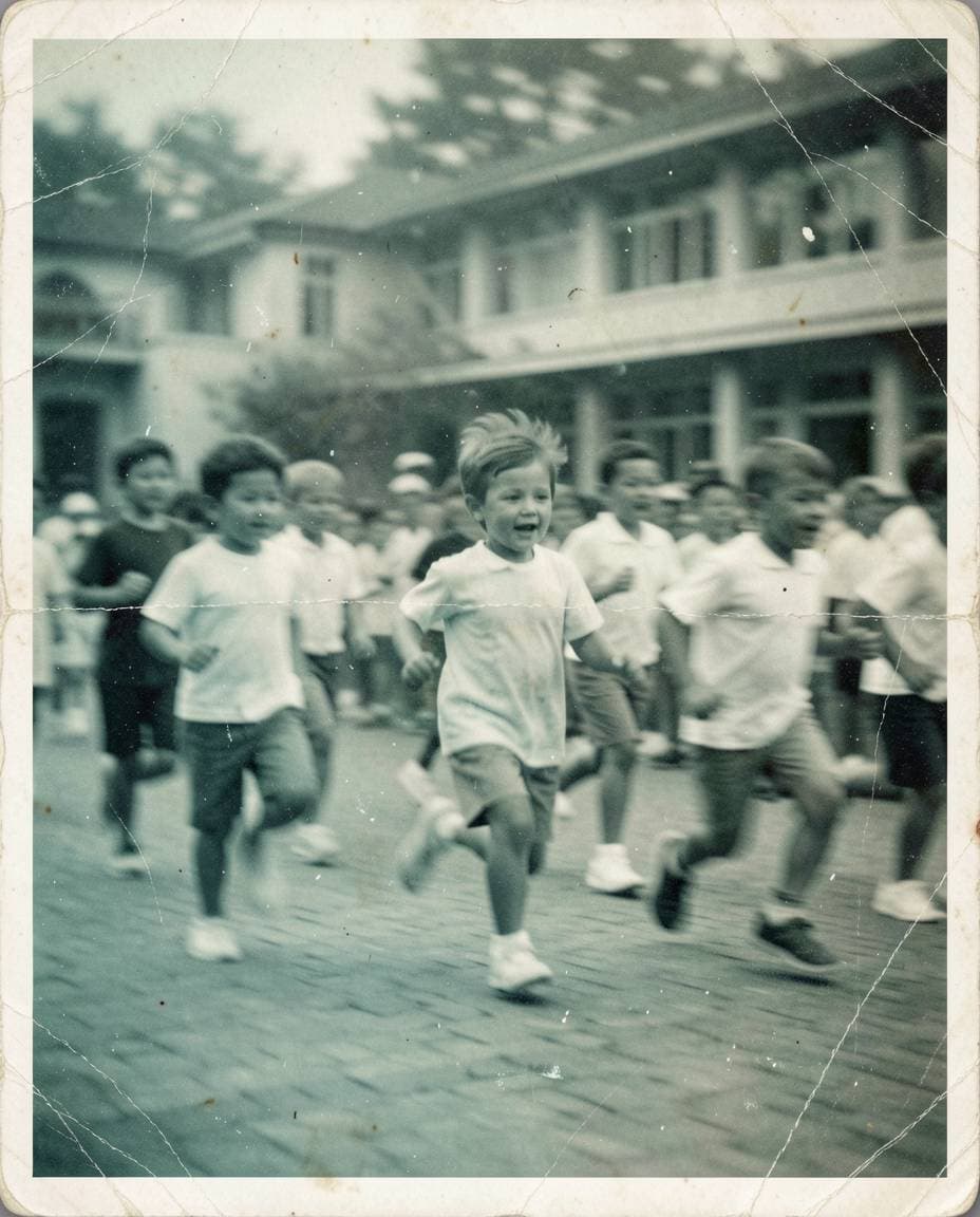 Blurry 1960s photo of children running with motion blur throughout