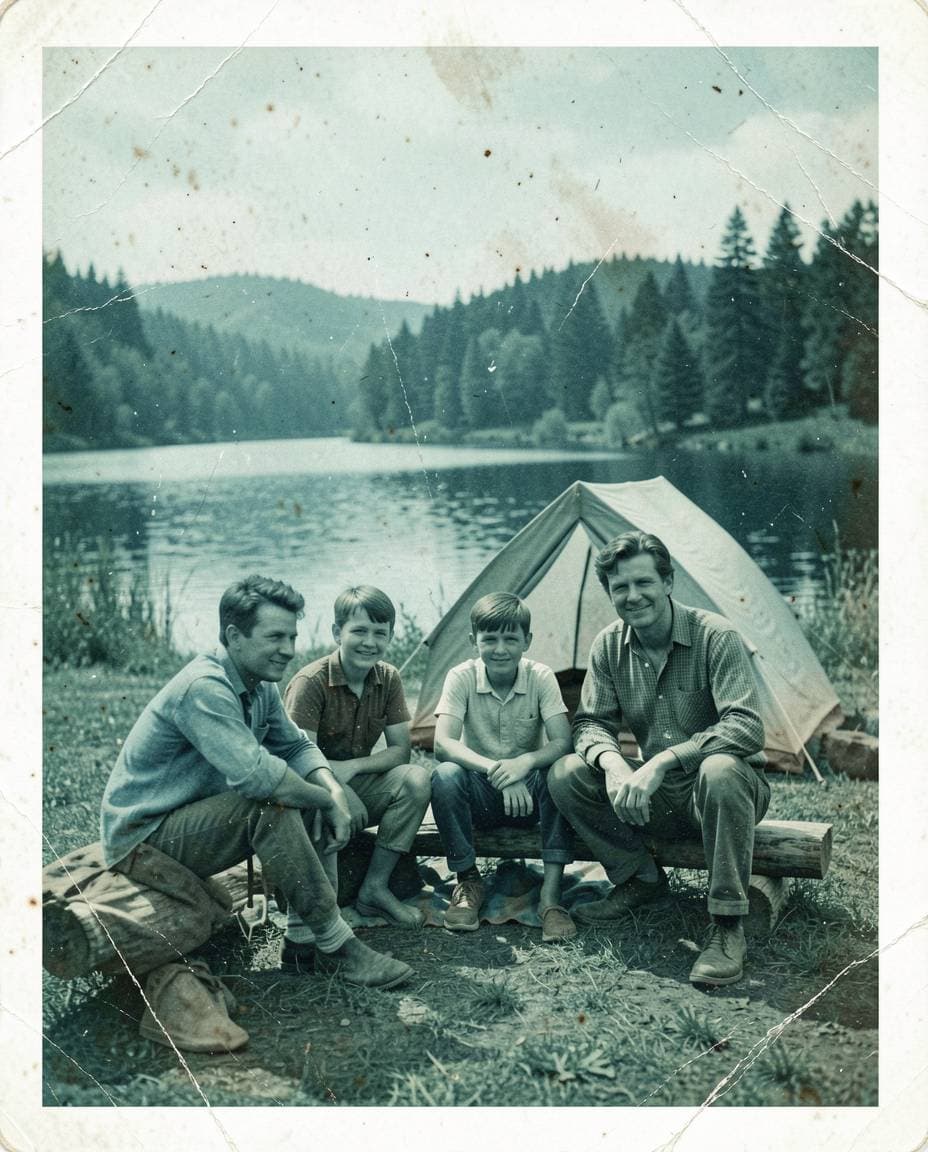 Before: Faded 1970s camping photo restored with AI