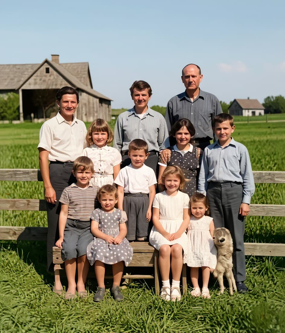 AI-restored 1940s family photo with clean tones, stains removed, and facial detail recovered