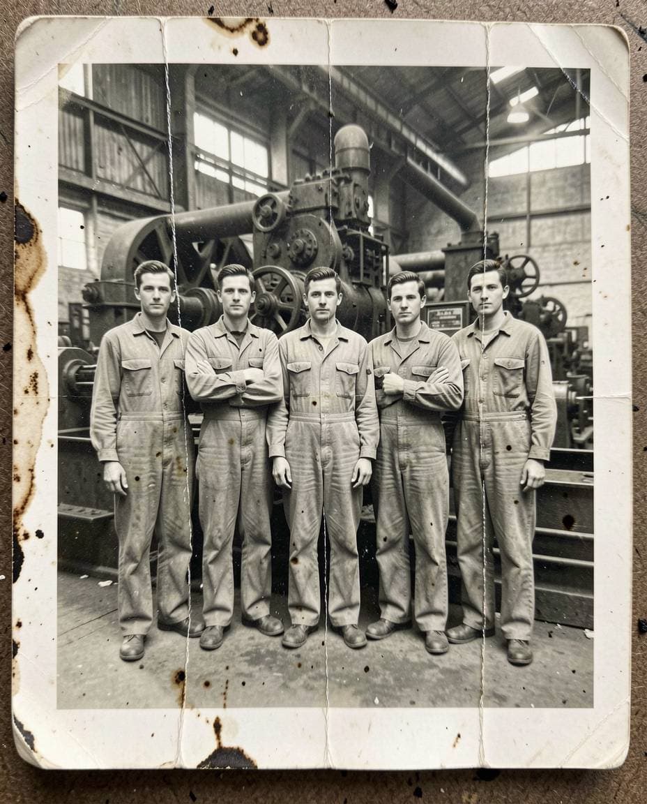 Before: Vintage factory photo restored with AI